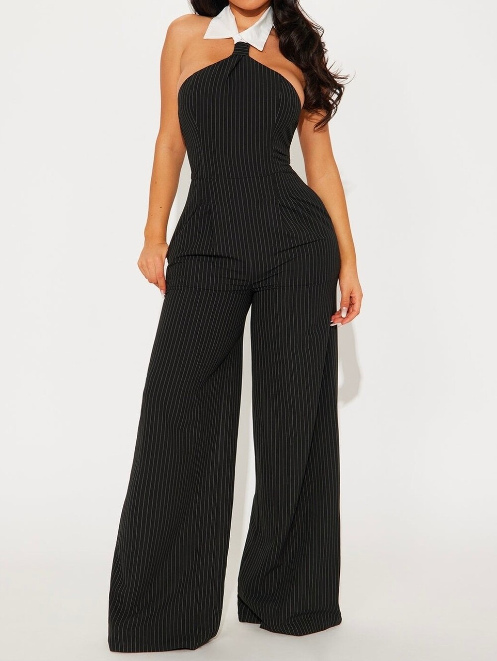 Sleeveless Pinstripe Halter Jumpsuit - Black